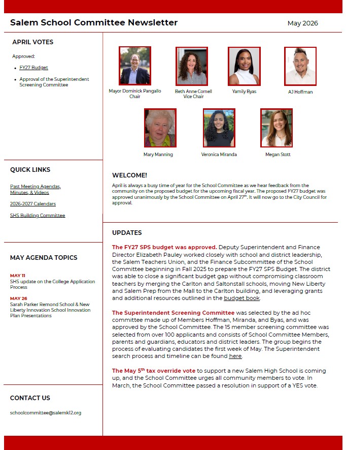 Salem School Committee May 2026 Newsletter