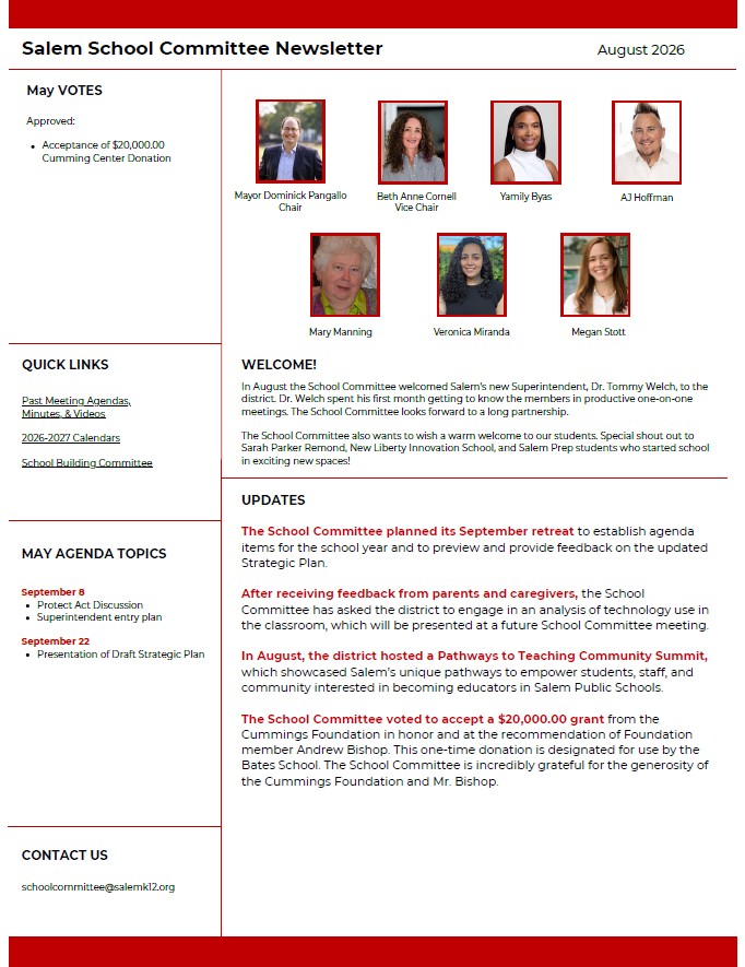 Salem School Committee August 2026 Newsletter